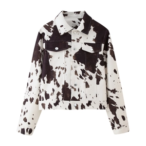 Women's autumn fashion cow print denim jacket with long sleeves and front pockets