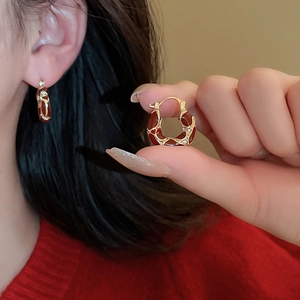 Maillard style red enamel U-shaped hoop earrings with diamond accents in gold finish