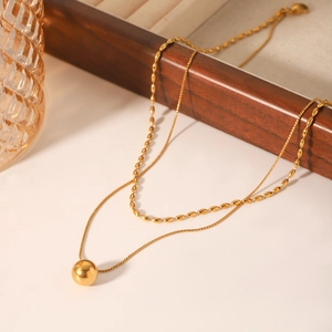 Double Layer Necklace Stainless Steel Oval Bead Twist Chain Ball Pendant Trendy Geometric Jewelry For Women