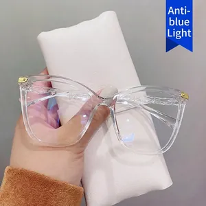 Modern transparent cat-eye glasses frame with anti-blue light lenses and leather pouch