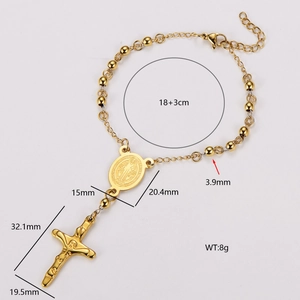 18k gold plated 304 stainless steel rosary bracelet with crucifix and medal pendant