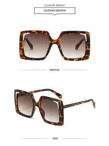 Detail view of square leopard print sunglasses showing front and side profile perspectives