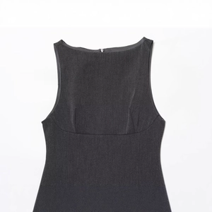 Front view of a dark grey sleeveless mini dress with elegant layered decorative details