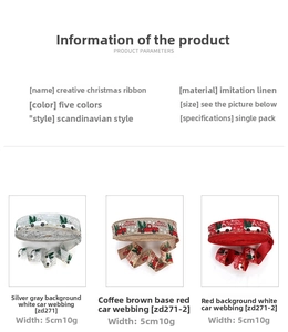 Detailed specs of 5cm Christmas faux linen ribbon featuring truck and tree patterns