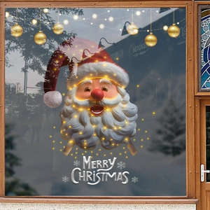 3D Santa Claus window sticker with gold lights and Merry Christmas text for festive shop decor