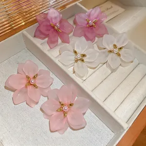 Elegant Flower Petal Floral Stud Earrings With Frosted Acrylic Petals Faux Artificial Pearl And 925 Sterling Silver Earring Post