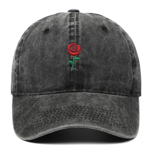 Vintage washed cotton baseball cap featuring detailed red rose embroidery on a charcoal crown