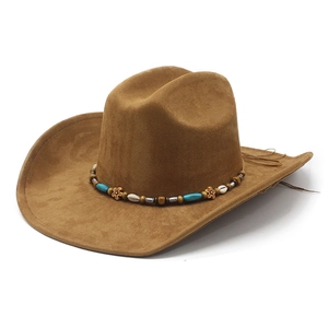 Western Cowboy Hat Faux Suede Ethnic Beaded Band Vintage Wide Brim Fedora Boho Style For Men And Women Adjustable