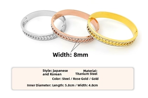 Three-color titanium steel bangles with zircon inlay and detailed size specifications