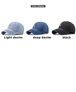 Three washed denim baseball caps with 3D white N letter embroidery in blue and black