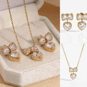 Stainless Steel Bowknot Heart Jewelry Set Zircon Inlaid Necklace And Earrings Waterproof Sweatproof Elegant For Women