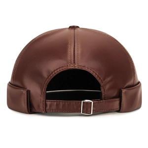 Rear view of brown PU leather docker hat with adjustable metal buckle and strap