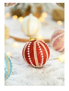Detail of 8cm red foam Christmas ball with glitter, pearls and twine edge decoration