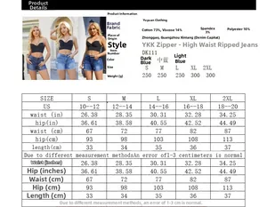 Detailed size chart and fabric specifications for high waist distressed denim shorts
