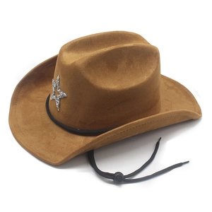 Classic brown suede cowboy hat with silver star emblem and adjustable wind strap