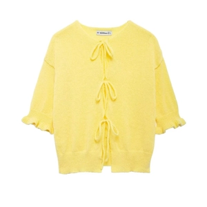 Sweet yellow knitted cardigan with tie-up bows, ruffled half sleeves and a round neck design
