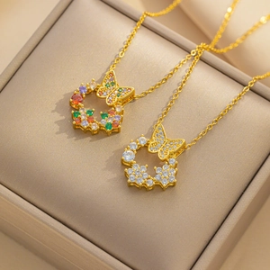 Butterfly Bow Pendant Necklace Titanium Steel Colorful Zircon Gold Plated Clavicle Chain Fashion Jewelry For Women