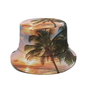 Summer bucket hat with gradient tropical coconut tree and beach sunset print