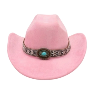Pink western cowboy hat detail featuring ethnic embroidery and turquoise metal buckle