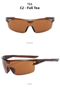 Front and side views of tea brown wraparound sports sunglasses with windproof lenses