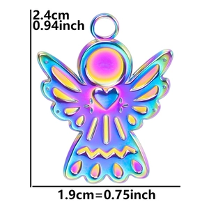 Rainbow plated stainless steel angel pendant detail with dimensions 2.4cm by 1.9cm