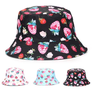 Strawberry Print Bucket Hat Polyester Sun Protection Breathable Outdoor Travel Beach Summer Casual Cute Reversible Unisex