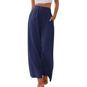 Women's loose wide leg pants in dark blue with drawstring elastic waist and pockets