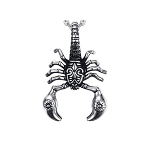 Vintage scorpion pendant in polished stainless steel with intricate floral carvings