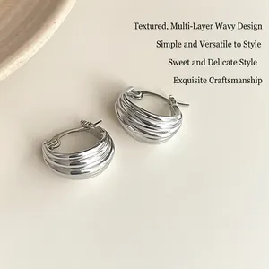 French Vintage Minimalist Textured Geometric Copper Hoop Earrings For Women Silver Plated Elegant Fashion Metal Jewelry Accessory