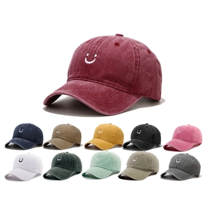 Washed Cotton Baseball Cap Retro Vintage Dad Hat With Smiley Face Embroidery Curved Brim Adjustable For Men Women Outdoors