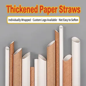 Biodegradable paper straws in white and kraft brown colors with pointed tips for drinks