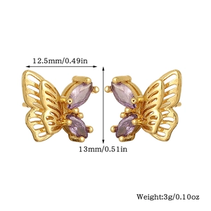 Detail showing butterfly earrings with purple zircon inlay and dimension measurements