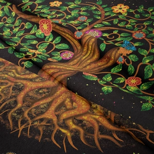 Close-up of tree of life tapestry showing fine fabric texture and vivid floral printing
