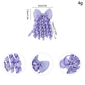 Purple girls ribbon bow hair tie with curly streamers and detailed size specifications