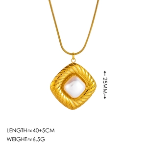 Gold plated titanium steel pearl necklace with twisted square pendant and size details