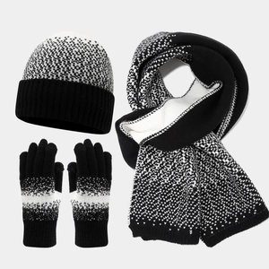 Detailed knit texture of winter hat, scarf, and gloves set in black and white pattern