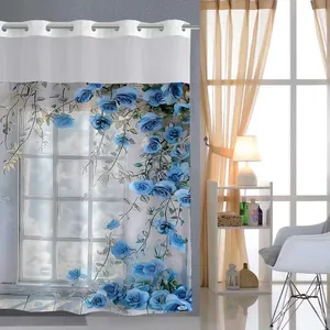 Detail view of water-resistant shower curtain with blue rose print and metal eyelets