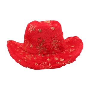 Red plush Christmas cowboy hat with gold snowflake embroidery detail.