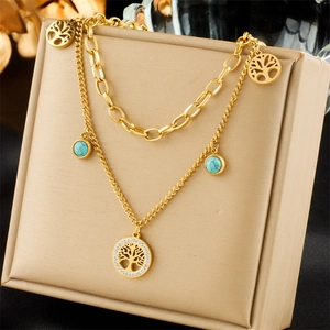 Double-layered gold stainless steel necklace with Tree of Life pendant and turquoise bead