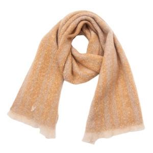 Close-up of brown and beige striped knit scarf featuring soft fringe and tassel details