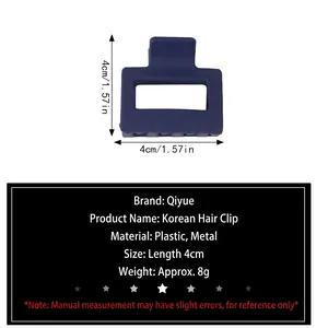 Navy blue matte square claw clip made of durable plastic with 4cm dimension scale
