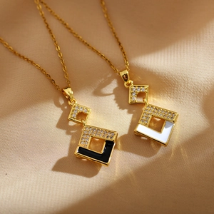 Luxurious gold geometric rhombus necklace with enamel inlays and sparkling crystals