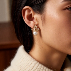 Detailansicht eines Perlenohrrings mit Zirkonia-Blüten am Ohr eines Models