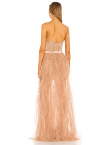 Back view of champagne lace tube long dress with layered tulle skirt for formal events