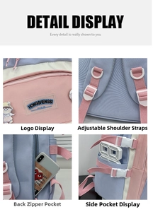 Detail of multi-compartment backpack with anti-theft back pocket and side pocket storage