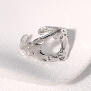 Irregular textured silver stainless steel open ring with minimalist fluid design style