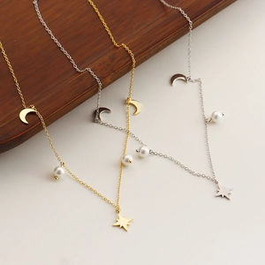 S925 silver star and moon necklace with pearl pendants in gold and silver finish