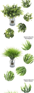 Detail view of artificial eucalyptus and spring grass in minimalist grey glass vases