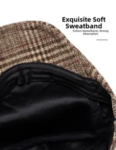 Detail of soft cotton sweatband inside a brown plaid newsboy cap for better comfort