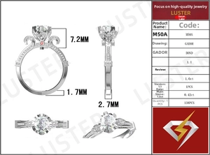 Detailed CAD quad-view showing swan-inspired silver ring with 1ct moissanite setting